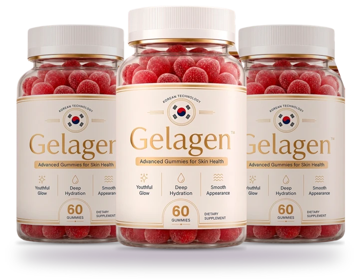 Three bottles of Gelagen collagen gummies for skin health